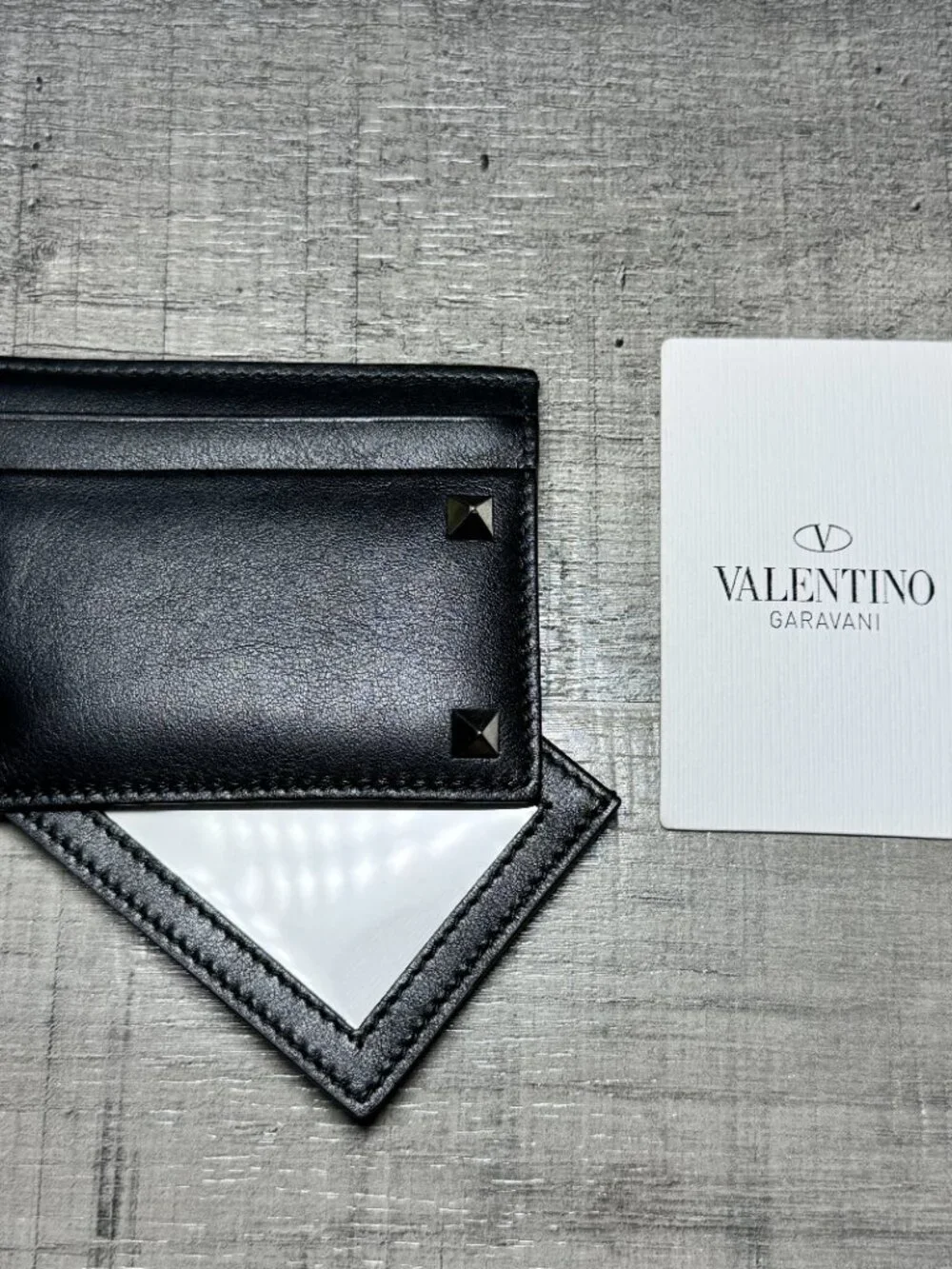 Valentino Rockstud Black Leather Card Case with Sliding ID Window